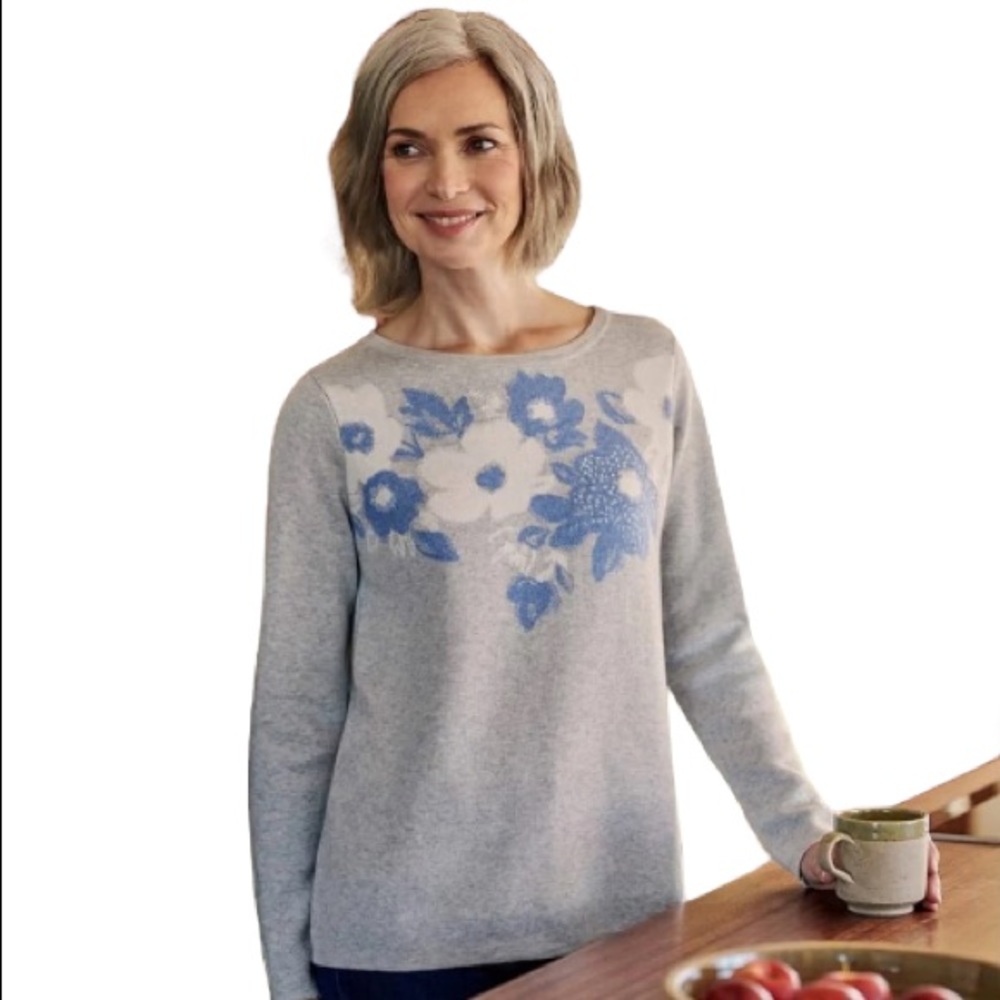 Woolovers Wool Blend Flower Jumper - Grey Marl/Blue